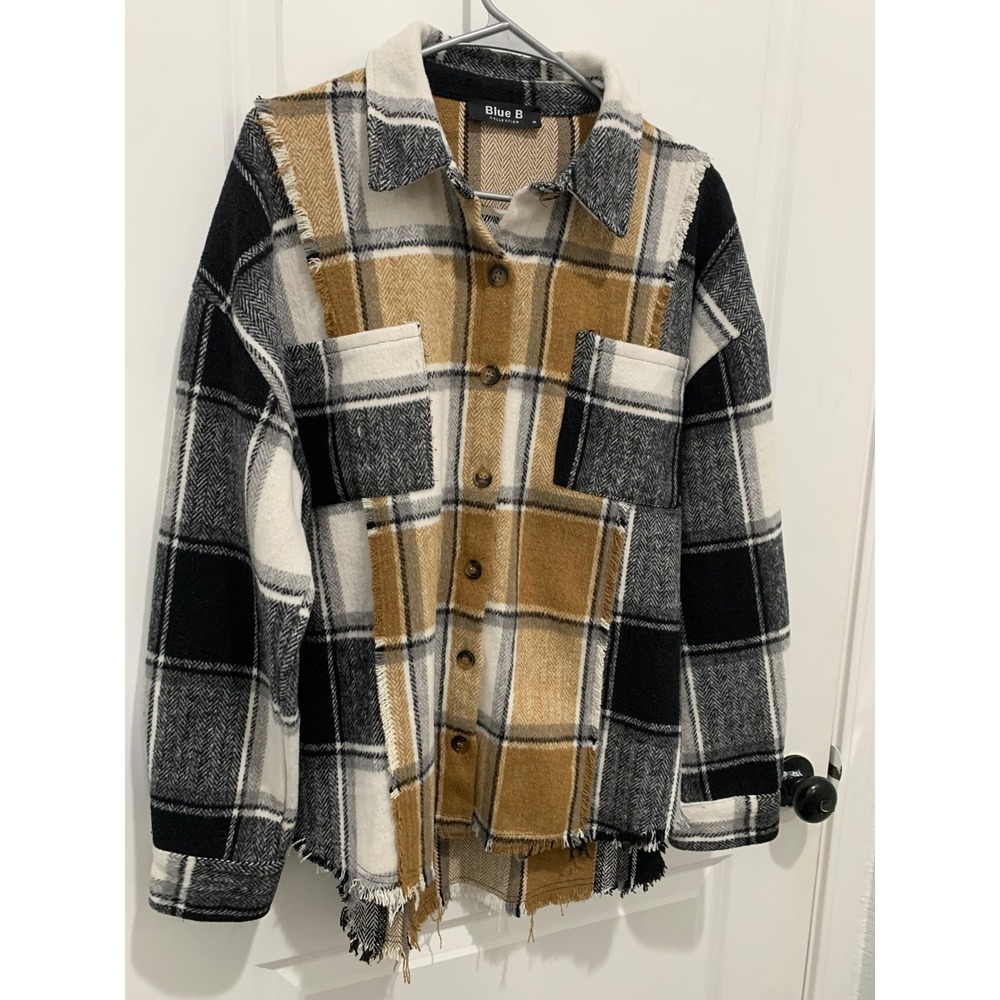 Blue B Collection Plaid Shacket Tan Black White Frayed Hem Mixed Print Medium